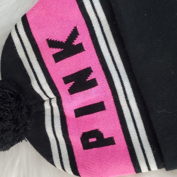 Victoria's Secret PINK Pompom Logo Knit Beanie Tobbogan Black & Pink One Size - Picture 6 of 10
